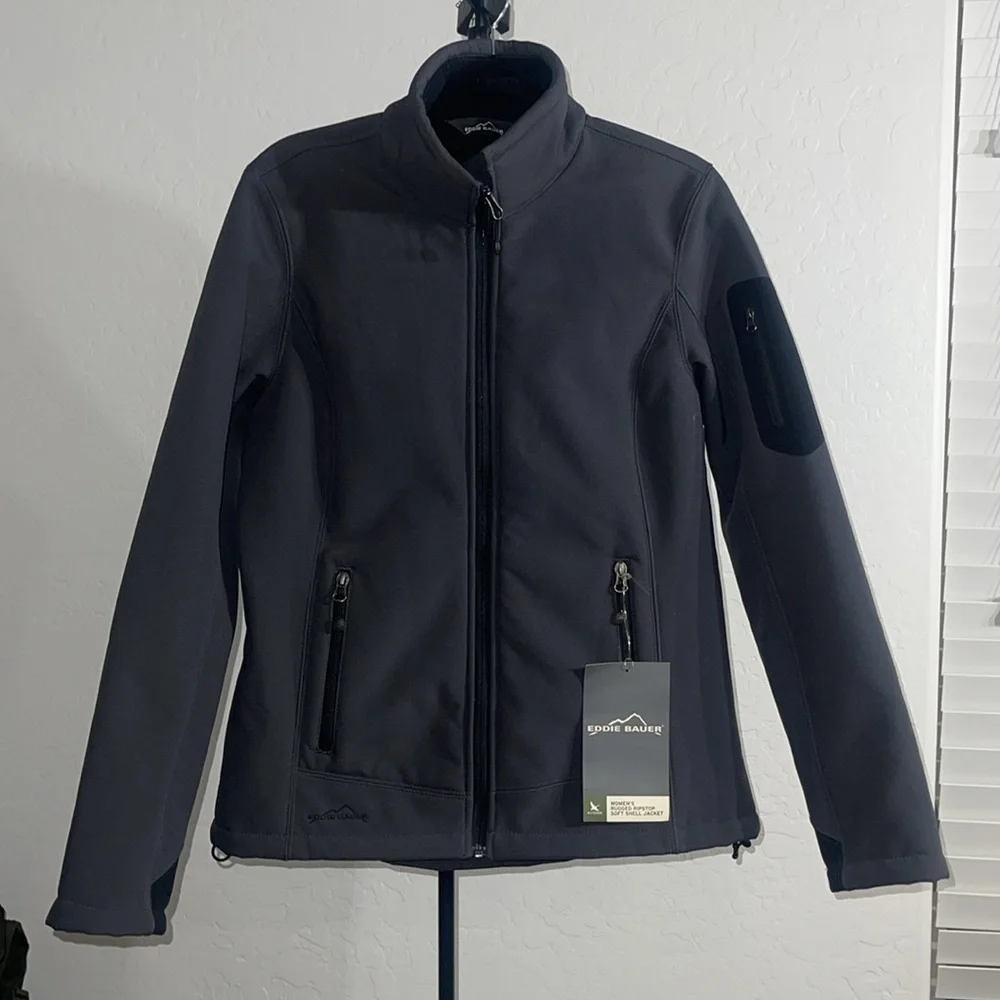 EDDIE BAUER WOMAN’S RUGGED RIPSTOP SOFT SHELL JACKET SIZE M Grey Steel/Black NWT - Picture 3 of 17